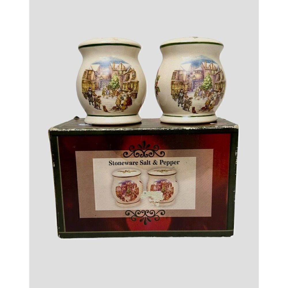 Stoneware CIB Dickens Winter Scene Salt Pepper Shakers Christmas Holidays